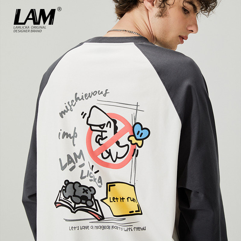 LAMLICKA艾德蒙联名美式纯棉插肩长袖T恤男春季薄款圆领情侣上衣,男装,T恤,淘宝优惠券,粉丝福利购,淘宝优惠卷