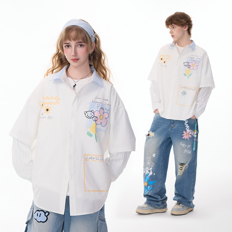 LAMLICKA花卉手绘蓝白条纹拼接假两件衬衫男潮牌宽松翻领长袖上衣