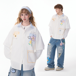 LAMLICKA花卉手绘蓝白条纹拼接假两件衬衫男潮牌宽松翻领长袖上衣