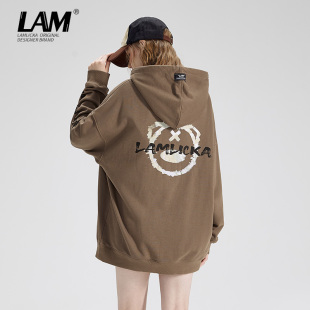 oversize套头帽衫 LAMLICKA美式 复古美拉德咖色连帽卫衣男女春秋季