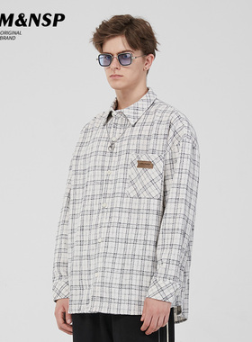 LAMLICKA美式白色格子长袖衬衫男潮复古字母刺绣扣子翻领宽松上衣