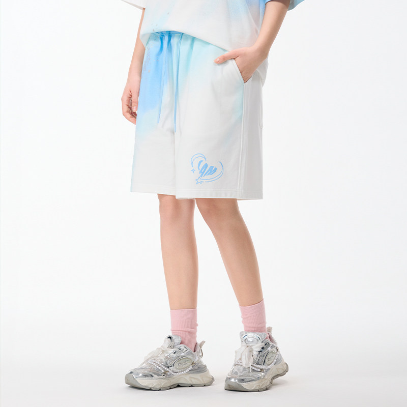 LAMLICKA潮牌渐变蓝白色休闲短裤男夏季外穿美式宽松纯棉五分裤女