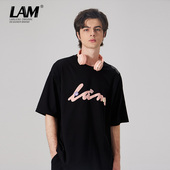 LAMLICKA刺绣发泡印花短袖 宽松 情侣五分袖 重磅T恤男2024夏季 新款