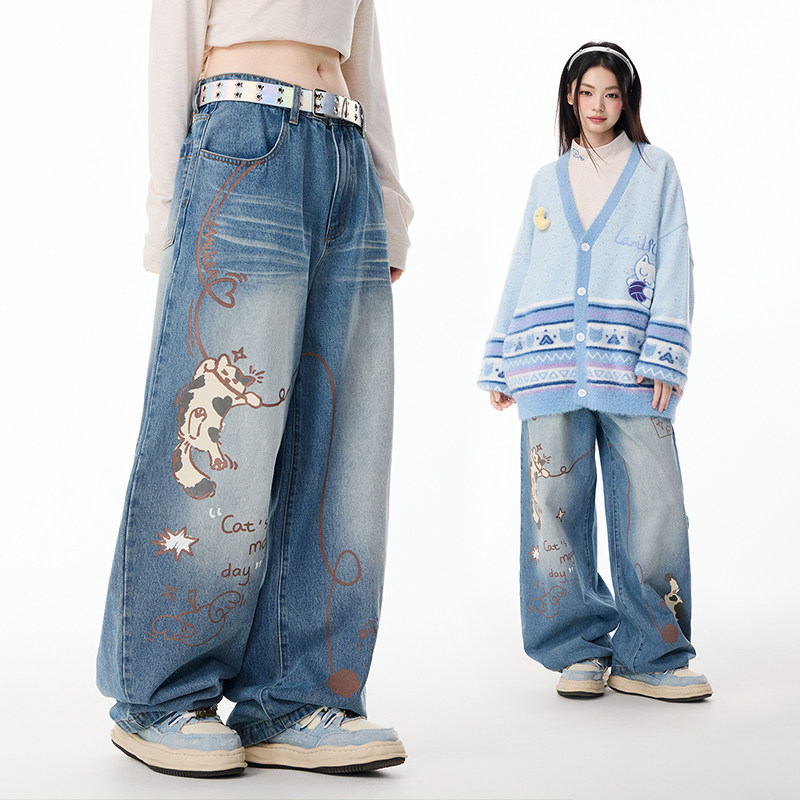 LAMLICKA蓝色水洗弯刀牛仔裤男秋季潮牌美式复古宽松阔腿休闲裤女