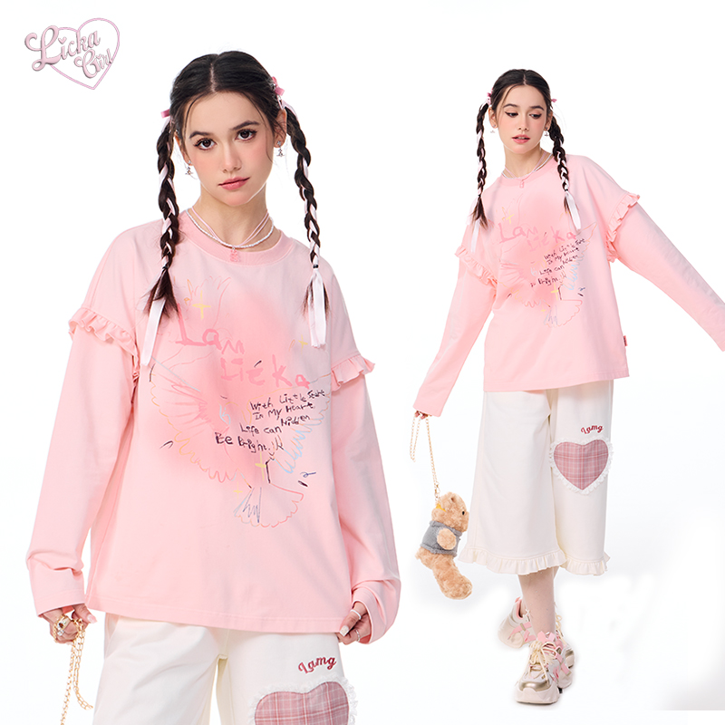 LAMLICKA涂鸦印花粉色圆领T恤女2024春季荷叶边长袖单穿宽松上衣