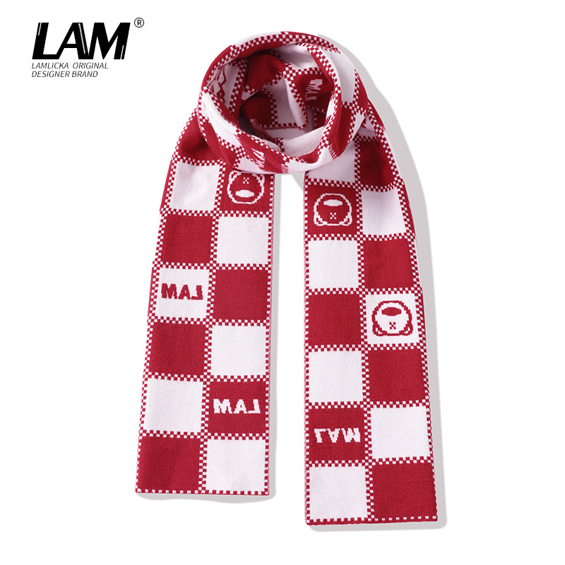 LAMLICKA秋冬保暖国潮棋盘格围巾潮流时尚休闲男女红白格百搭围脖