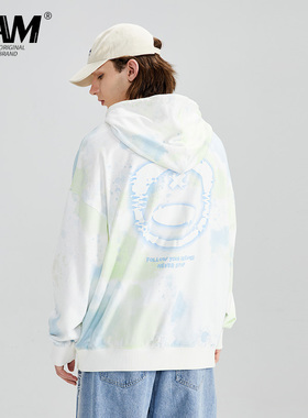 LAMLICKA LAM扎染渐变印花粉色连帽卫衣男女情侣春秋潮牌套头帽衫