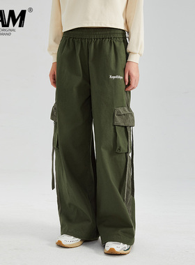 LAMLICKA lam绿色美式复古宽松多口袋工装休闲裤男早秋阔腿拖地裤