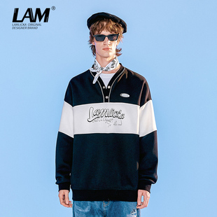 LAMLICKA撞色拼接印花宽松加绒加厚卫衣男春秋季 上衣 套头情侣长袖