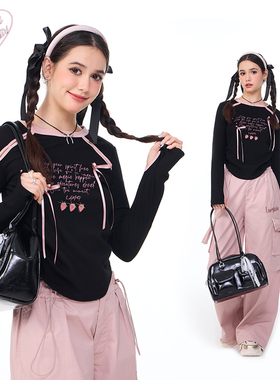 LAMLICKA蝴蝶结印花长袖上衣女春秋美式街头辣妹显瘦t恤打底衫