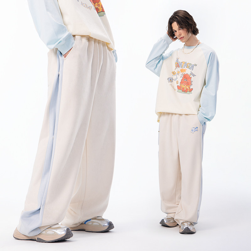 LAMLICKA美式复古条纹排扣休闲裤男秋季潮牌重磅宽松垂感阔腿长裤,男装,休闲裤,淘宝优惠券,粉丝福利购,淘宝优惠卷