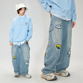 周深同款 男水洗垂感宽松牛仔阔腿裤 LAMLICKA小狗美式 大口袋弯刀裤