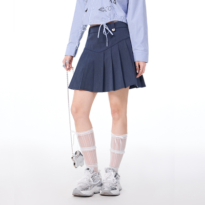 LICKAGIRL蓝色纯色高腰百褶裙