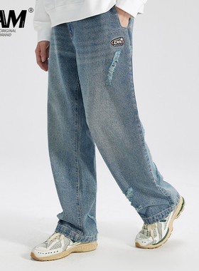 LAMLICKA LAM日系潮牌水洗宽松阔腿直筒牛仔裤男早秋坠感休闲长裤