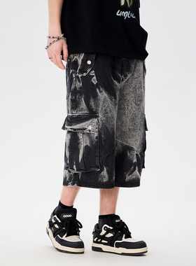 LAMLICKA渐变扎染黑色牛仔短裤男夏季宽松工装阔腿美式复古七分裤