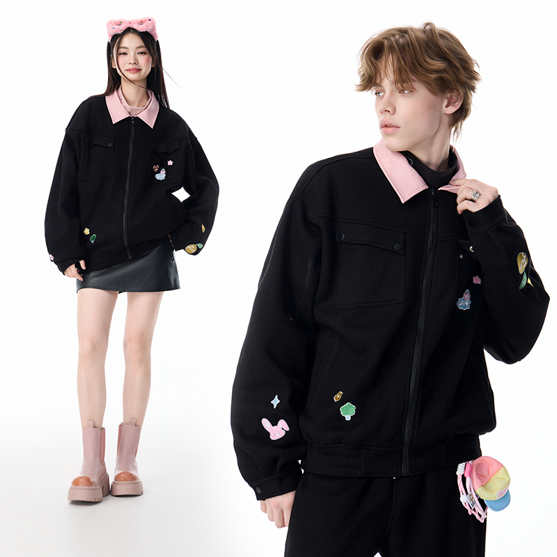 LAMLICKA黑色翻领灯芯绒夹克