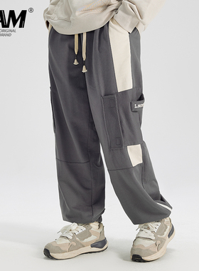 LAMLICKA lam美式复古拼色多口袋深灰色束脚休闲卫衣男早秋抽绳裤