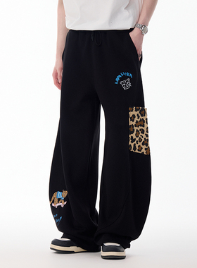 LAMLICKA拼接豹纹黑色美式弯刀裤男春秋潮牌宽松垂感阔腿休闲长裤