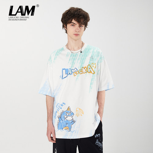 LAMLICKA渐变色印花圆领短袖T恤
