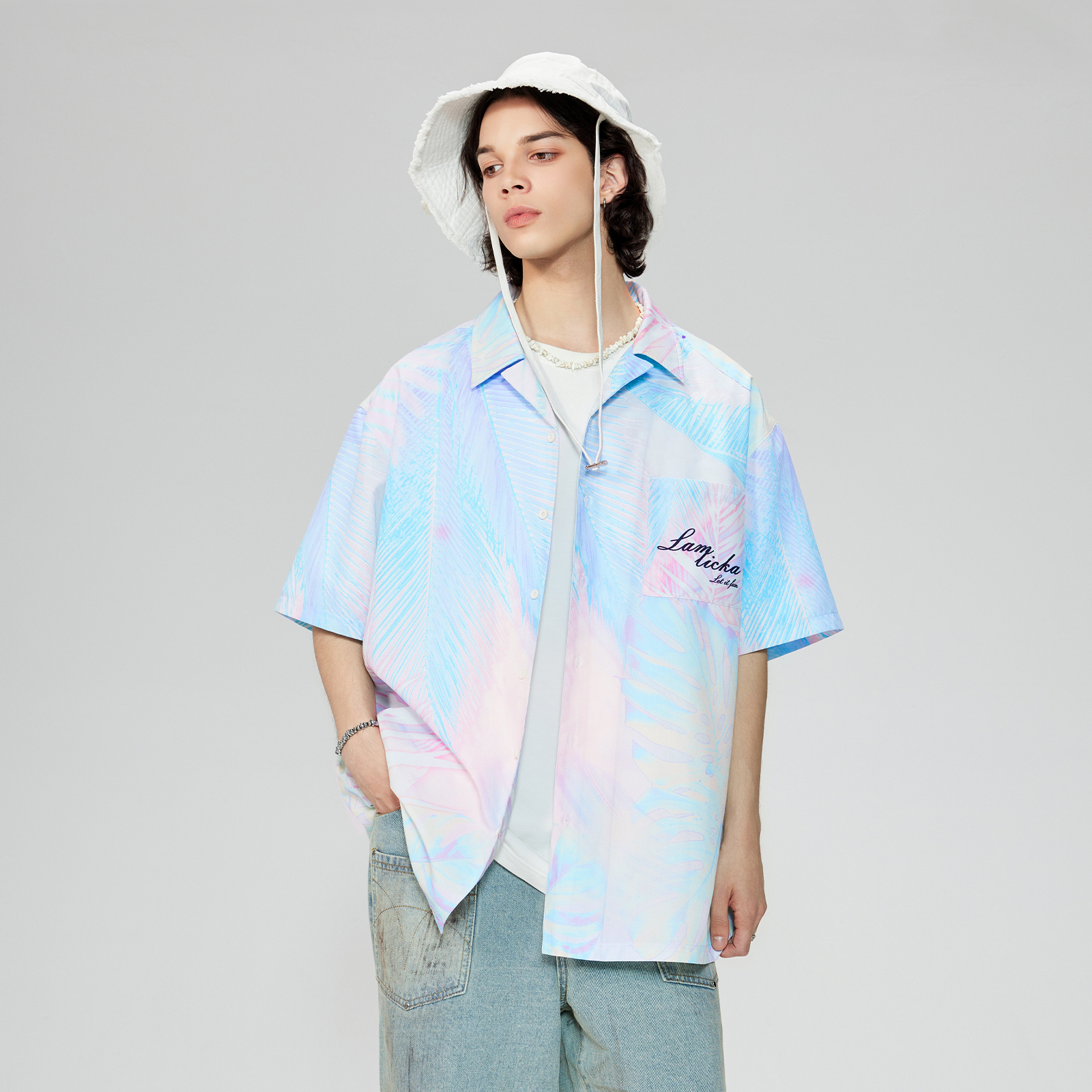 LAMLICKA植物渐变插画短袖衬衫