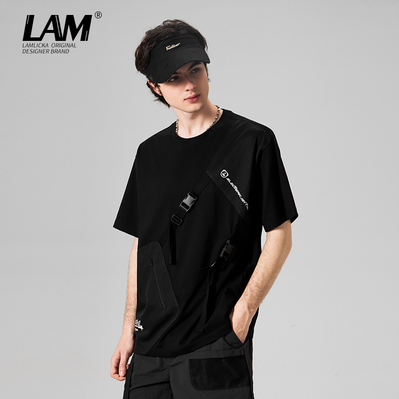LAMLICKA日系机能风拼接圆领短袖2024新款男T恤纯棉休闲体恤宽松