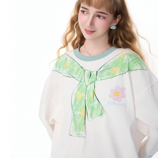 LAMLICKA潮牌披肩印花长袖 t恤男春秋宽松重磅纯棉白色圆领上衣女