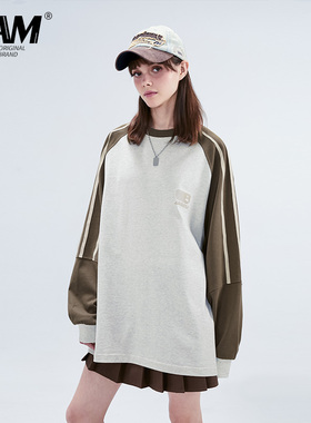 LAMLICKA LAM拼接撞色美式复古插肩袖长袖T恤女oversize早秋上衣