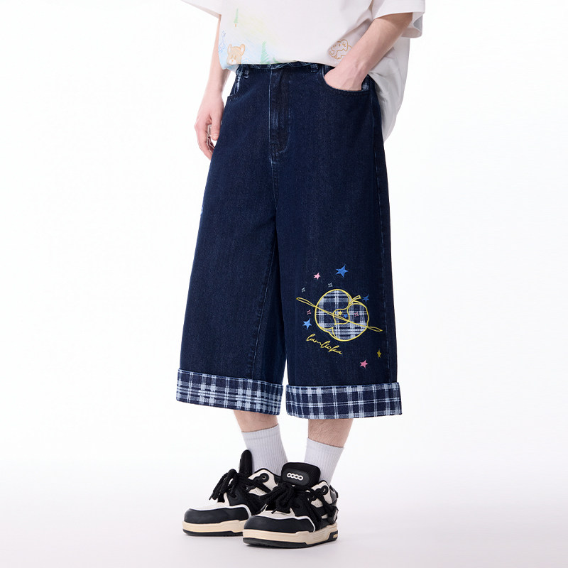 LAMLICKA复古格纹蓝色直筒牛仔七分裤男夏季美式宽松阔腿休闲裤女