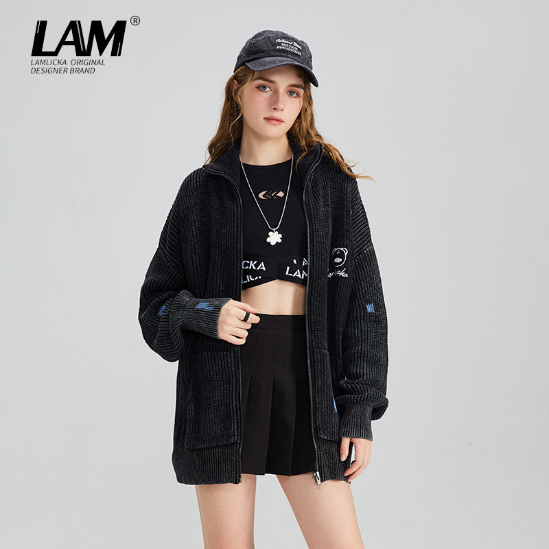 LAMLICKA美式复古字母刺绣宽松潮流毛衣男女同款oversize拉链外套