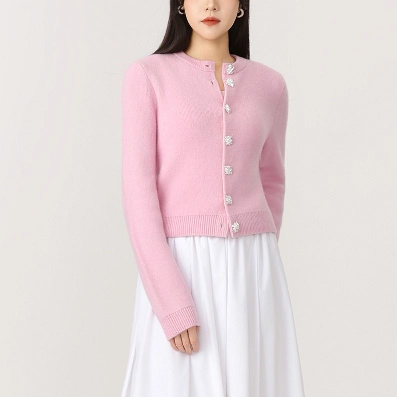 百搭圆领水晶纽扣长袖针织开衫女