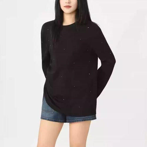 烫钻T恤宽松圆领抽绳收腰上衣女