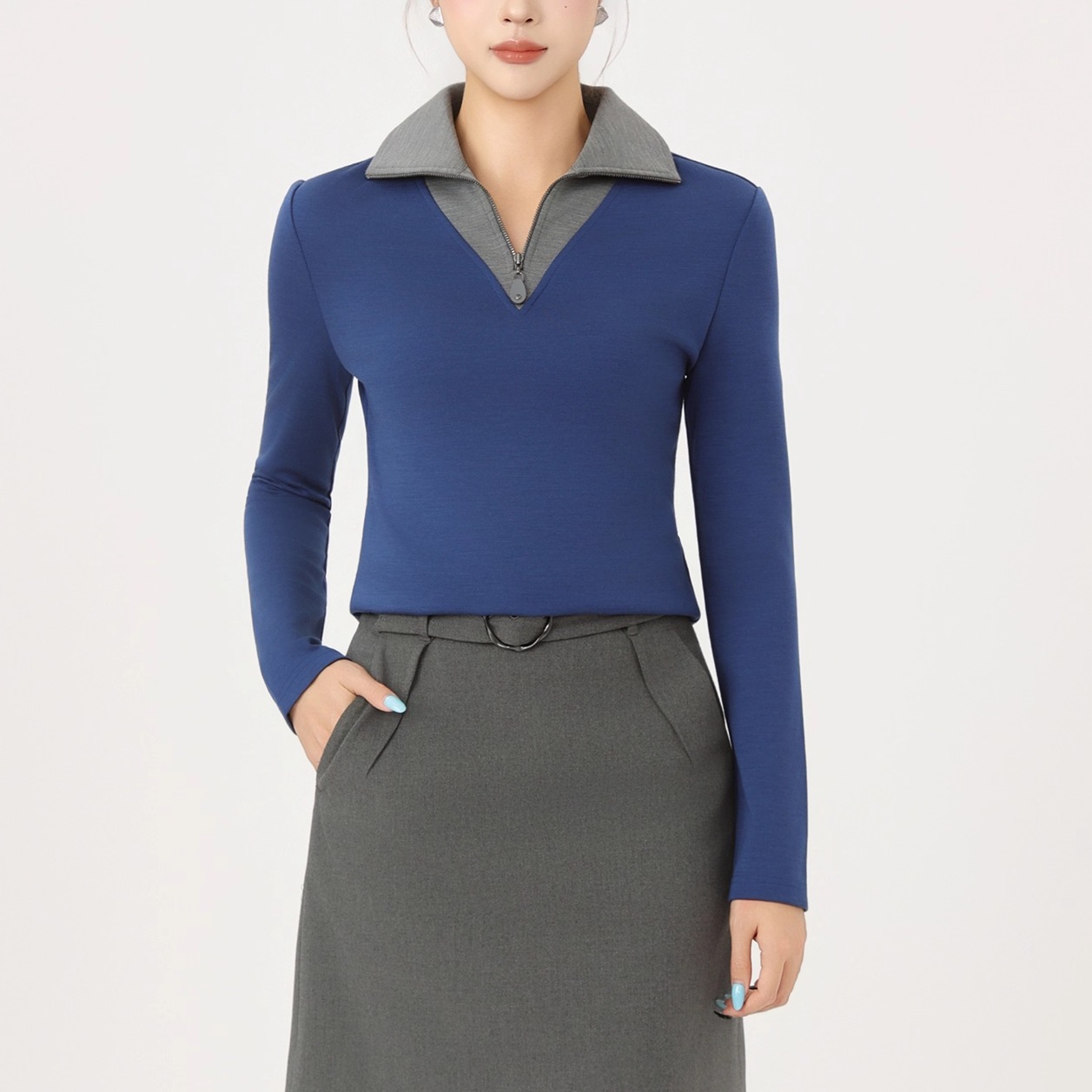 翻领拼色修身长袖收腰休闲卫衣女