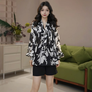 AMA{专柜哥家}商场同款复古印花飘带领雪纺长袖衬衫女上衣130001