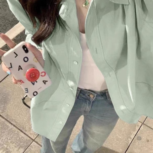 多巴胺春天显白嫩绿色纯棉衬衫 防晒衣外套百搭休闲显瘦衬衣 女夏季