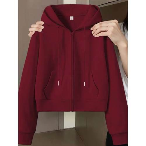 纯棉加绒加厚安可拉红连帽卫衣女