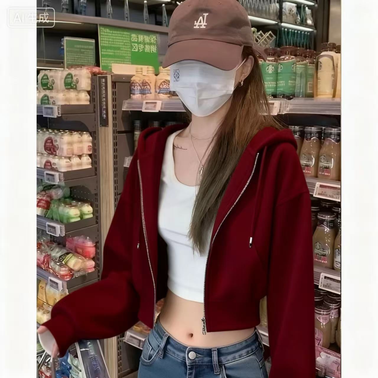 纯棉酒红色连帽短款正肩卫衣外套