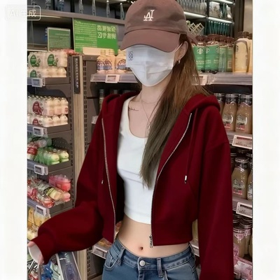 纯棉酒红色连帽短款正肩卫衣外套