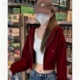 正肩拉链开衫 100%棉酒红色连帽卫衣外套女春秋2025新款 小个子短款