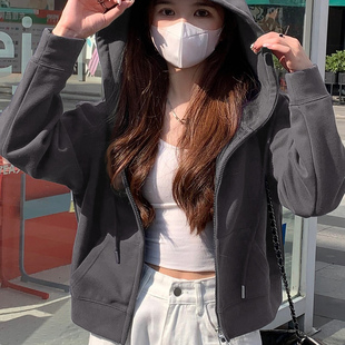 纯棉外套女2025新款秋冬韩系慵懒风上衣宽松加绒短款连帽开衫卫衣