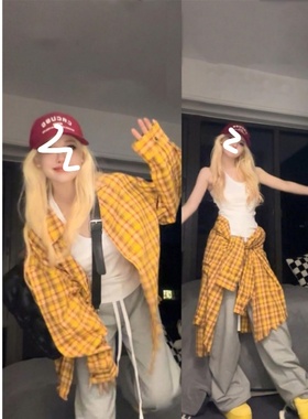 美式复古黄色格子衬衫外套女遮肉薄款慵懒风bf风叠穿防晒衬衣开衫