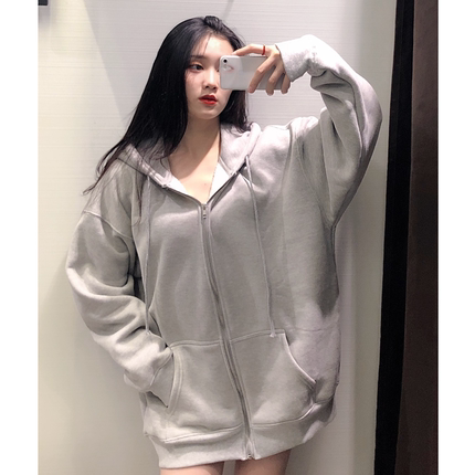 bm拉链中长款卫衣女遮屁股加绒灰色连帽宽松bf慵懒风春秋小个子潮