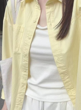 100%纯棉盐系超显白奶黄色衬衫女叠穿宽松遮肉通勤长袖衬衣防晒衫