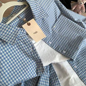 女春夏宽松百搭休闲衬衣 防晒衬衫 法式 复古蓝色格子条纹POLO领薄款