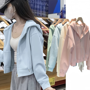 深秋短款外套奶蓝色卫衣女秋冬装小个子宽松连帽开衫拉链加绒加厚