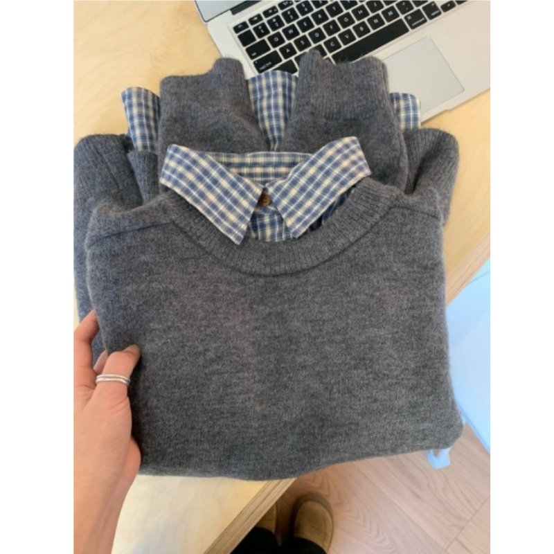 韩版蓝色格子衬衫秋冬款女装叠穿衬衣小众设计感上衣内搭休闲外套