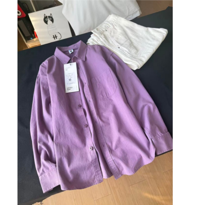 美式纯棉紫色衬衫女叠穿内搭