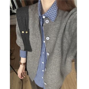 日系蓝色格子衬衫内搭叠穿长袖上衣格纹衬衣打底衫休闲显瘦薄外套