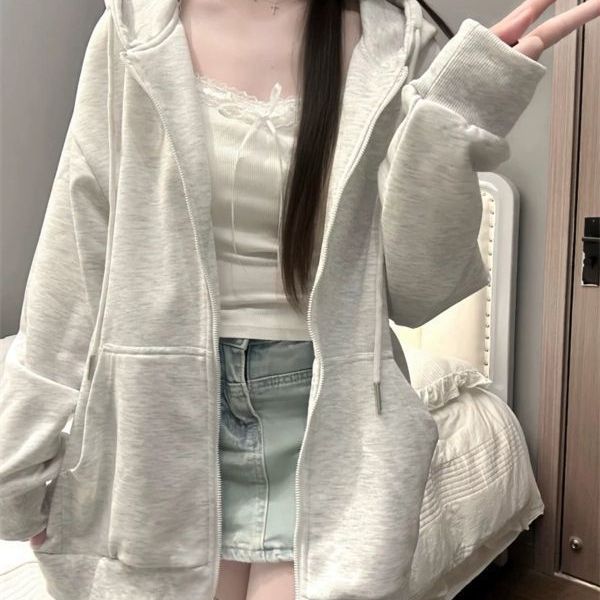 灰色运动外套女卫衣春秋季拉链连帽oversize2025新款薄开衫上衣潮