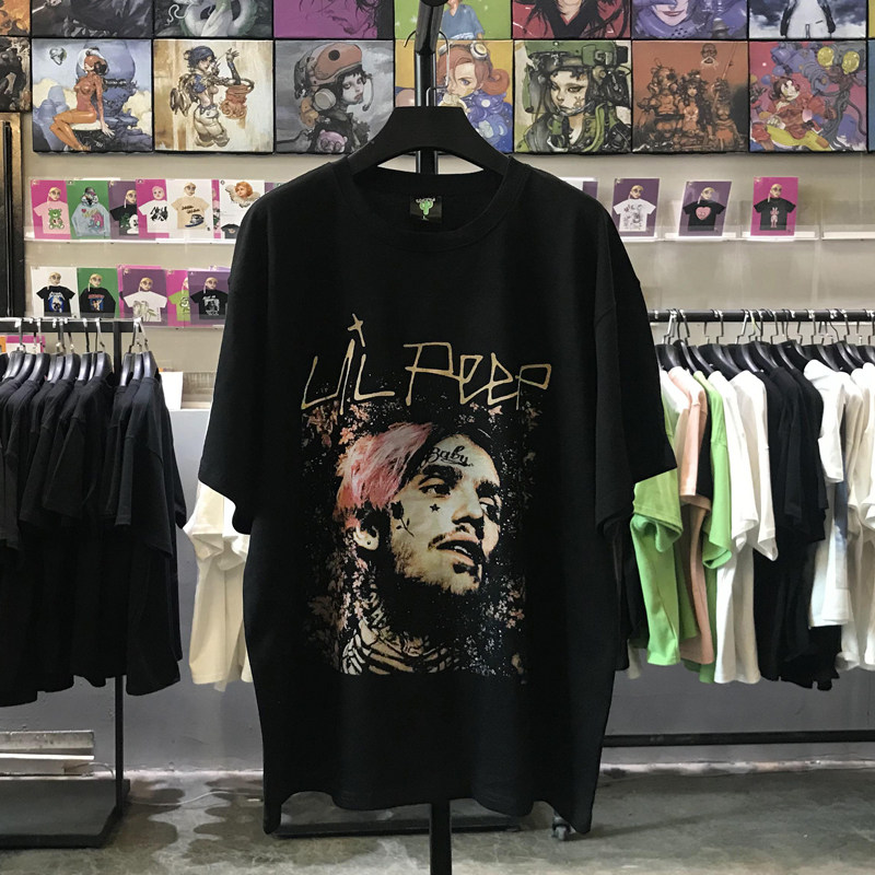 ins超火欧美风嘻哈歌手lil peep短袖落肩袖重磅复古怀旧t恤宽松男