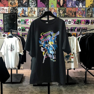 拳皇周边春丽印花t恤夏季潮牌圆领落肩袖重磅动漫短袖男女半截袖